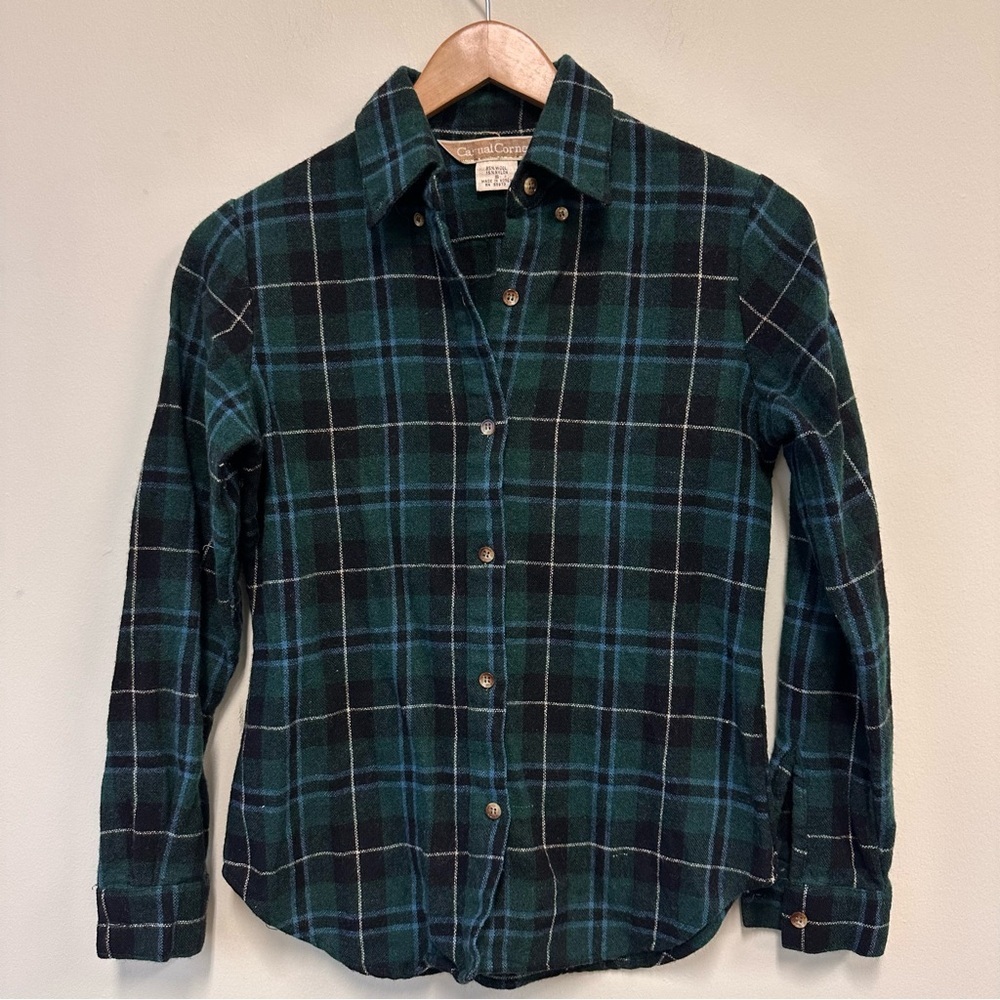 VTG Casual Corner Wool Blend Green and Black Plaid Shirt